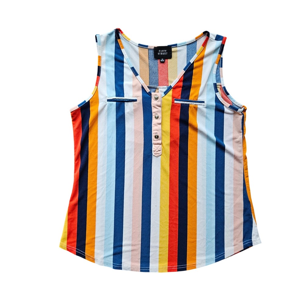 Fifty Street Womens Multi Color Vertical Stripe Sleeveless Henley Top Size M